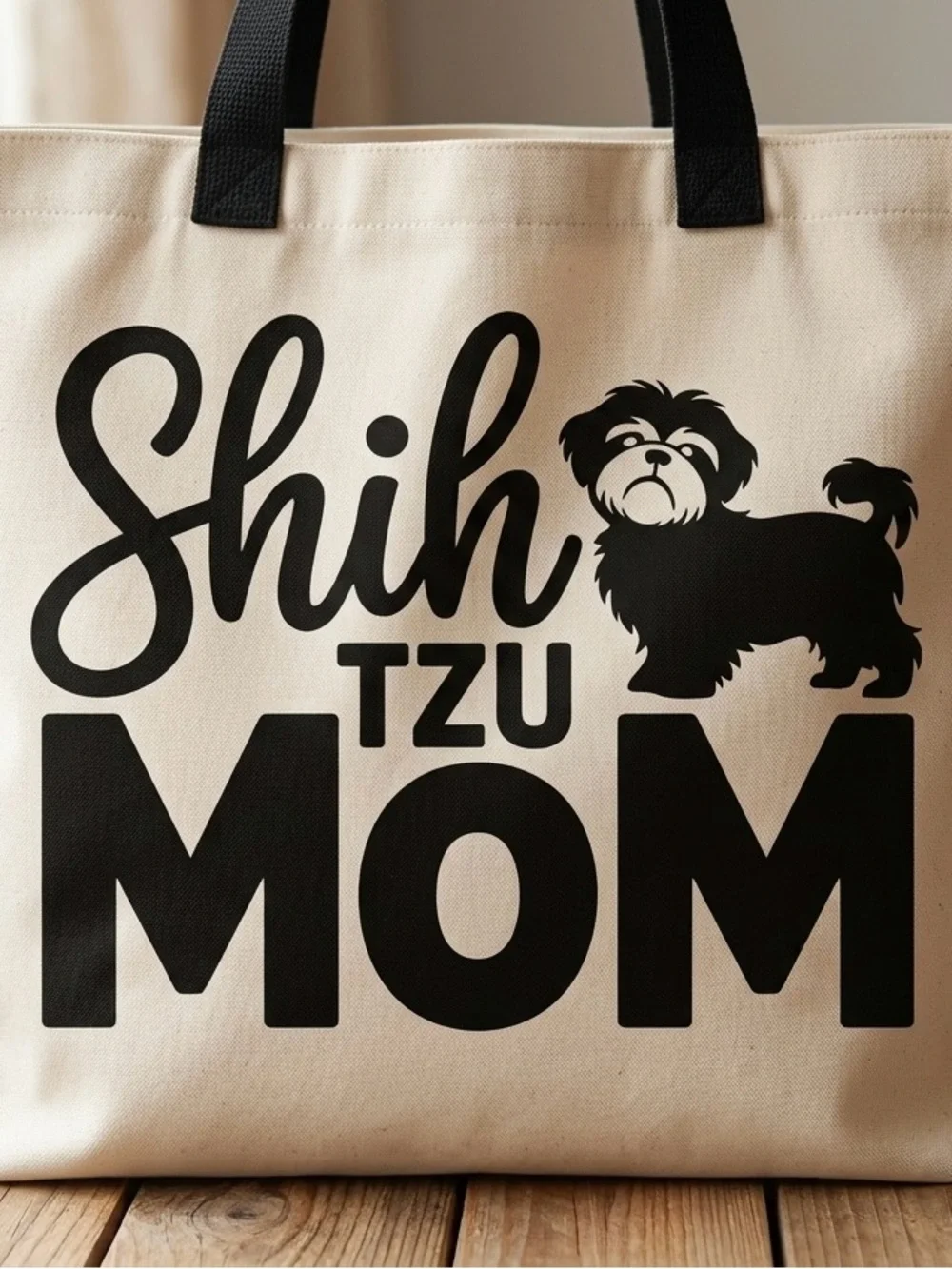 Shih Tzu Mom Canvas Tote Bag - Beige with Black Print 19 in x 14 in